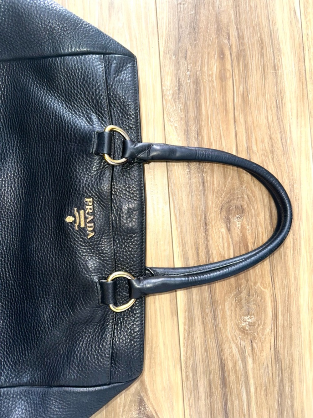 Authentic Prada Pebbled Leather Shoulder Tote Classic Black Gold Hardwear - Picture 13 of 16